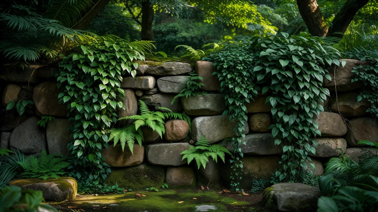 石垣と羊歯