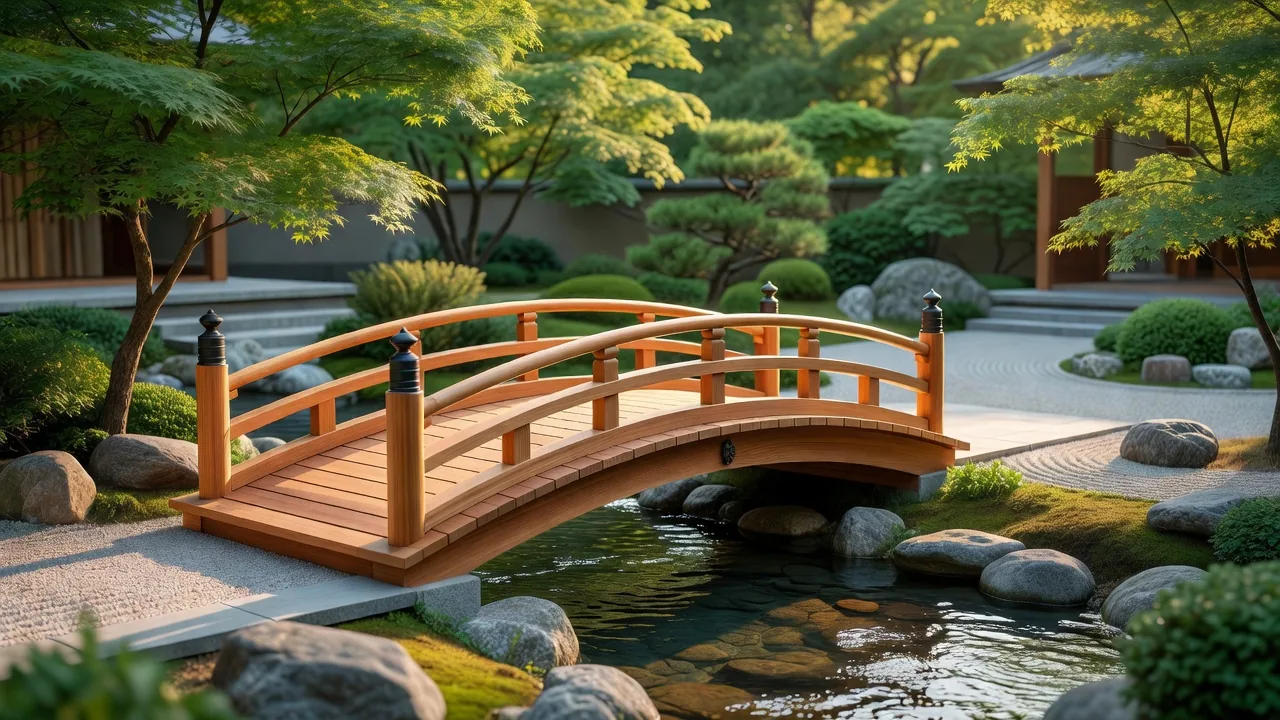 木の橋のある邸宅庭園